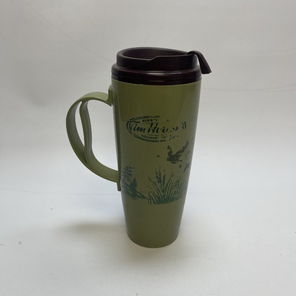 Tim Hortons Travel Mug Green Birds Wildlife Pattern Vintage Coffee Tea Cup